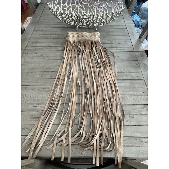 STREETS AHEAD Fringe Studded Long Leather Belt Festival Beige Silver Size Small - Picture 4 of 11
